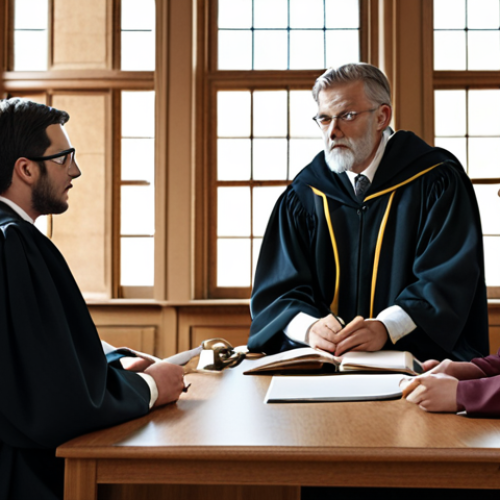 **Prompt:** A university law clinic scene, students consulting with a professor about a case, clients waiting, friendly atmosphere.