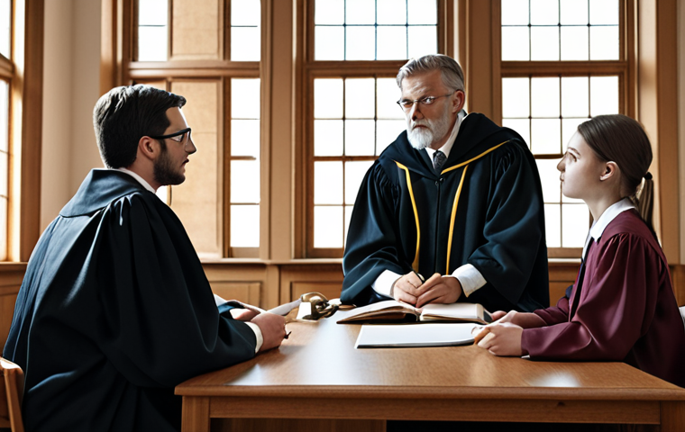 **Prompt:** A university law clinic scene, students consulting with a professor about a case, clients waiting, friendly atmosphere.