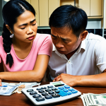 **Image of a Thai family in distress, discussing financial documents at their kitchen table. Overlaid are subtle calculator symbols and Thai Baht currency.** (Focus: Emotional impact and financial strain of divorce in Thailand)