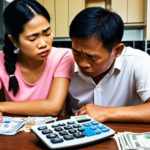 **Image of a Thai family in distress, discussing financial documents at their kitchen table. Overlaid are subtle calculator symbols and Thai Baht currency.** (Focus: Emotional impact and financial strain of divorce in Thailand)