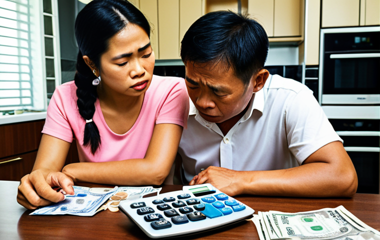 **Image of a Thai family in distress, discussing financial documents at their kitchen table. Overlaid are subtle calculator symbols and Thai Baht currency.** (Focus: Emotional impact and financial strain of divorce in Thailand)