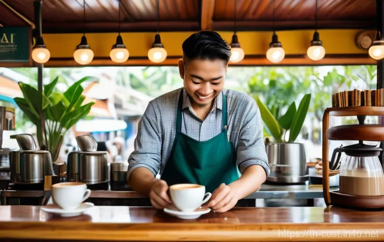 사설 탐정 비용 - **Prompt:** A cozy, sun-drenched cafe in the heart of Chiang Mai, Thailand. The interior is decorate...