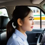 택시비 평균 - A bright, realistic image inside a modern Thai taxi. A young Thai woman, dressed in smart casual att...