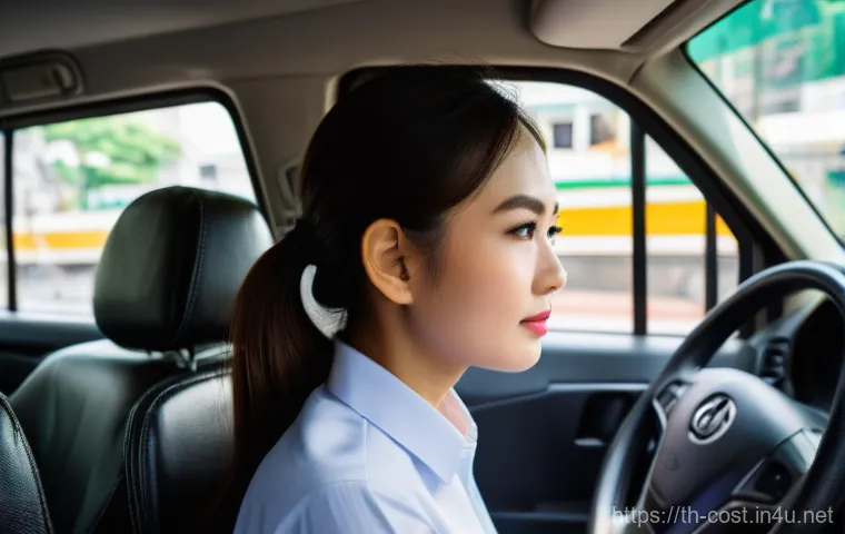 택시비 평균 - A bright, realistic image inside a modern Thai taxi. A young Thai woman, dressed in smart casual att...