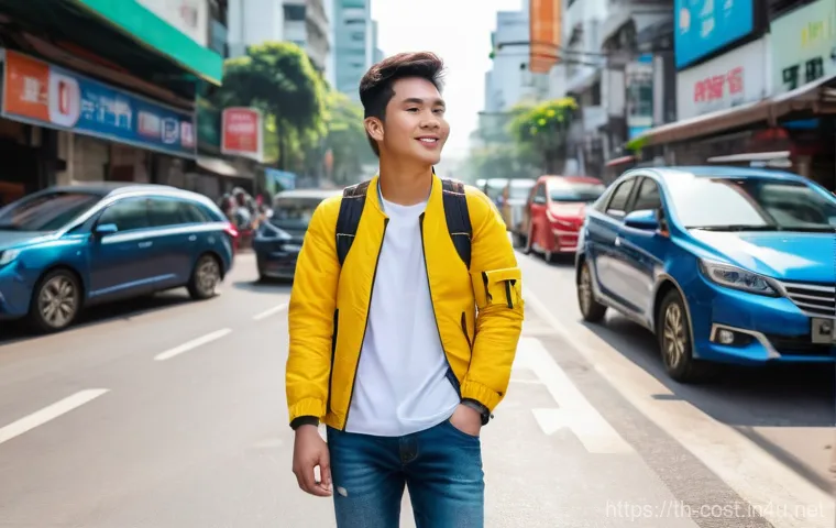 택시비 평균 - A bright, realistic image inside a modern Thai taxi. A young Thai woman, dressed in smart casual att...