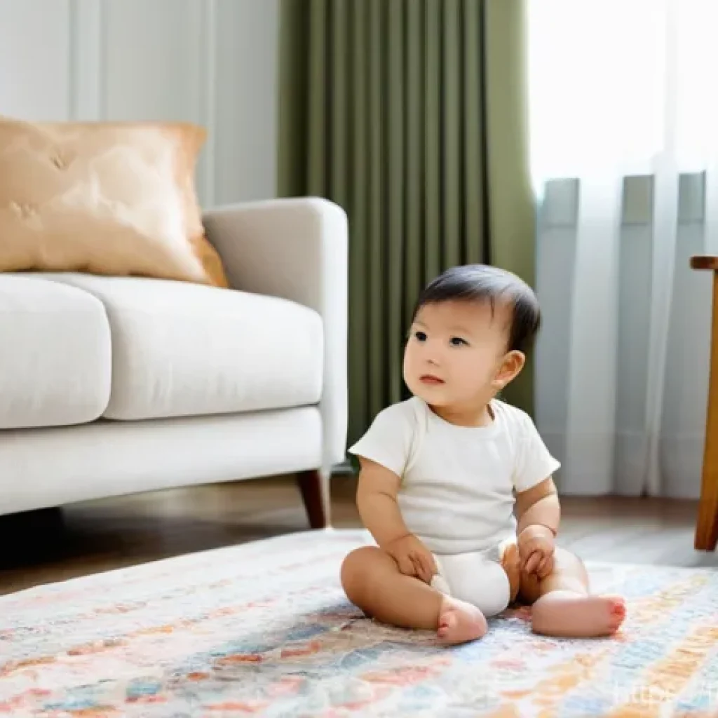 카펫 청소 비용 - **Prompt:** A heartwarming scene inside a bright, modern Thai living room. A curious toddler, wearin...