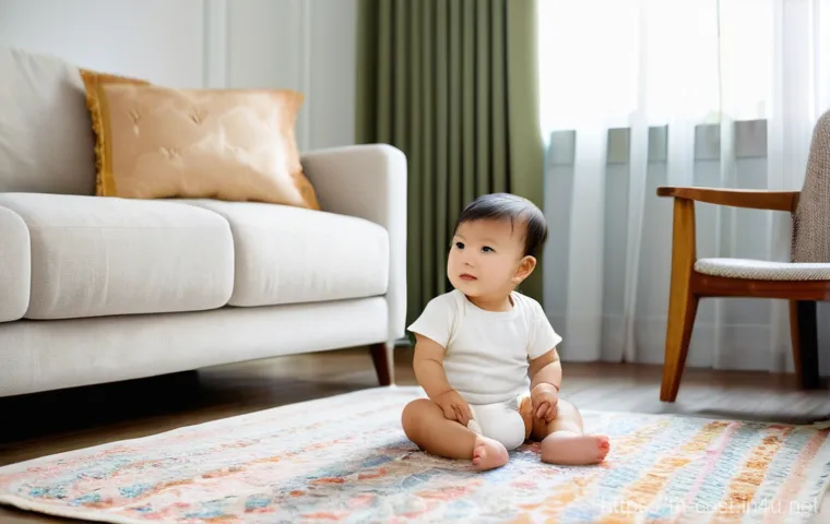 카펫 청소 비용 - **Prompt:** A heartwarming scene inside a bright, modern Thai living room. A curious toddler, wearin...