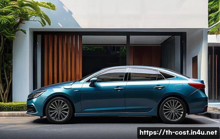 자동차 보험료 비용 - A detailed scene of a Thai urban street at dusk, featuring a modern sedan parked safely inside a gat...