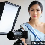 유튜브 촬영 장비비 - A modern content creator setup in a bright Thai home studio, featuring a compact mirrorless camera o...