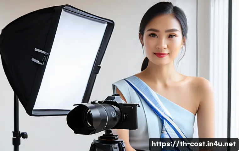 유튜브 촬영 장비비 - A modern content creator setup in a bright Thai home studio, featuring a compact mirrorless camera o...
