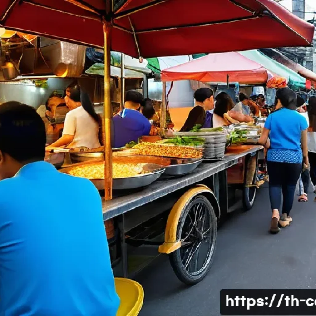 외식 비용 절약법 - A vibrant Thai local street food market scene during the afternoon off-peak hours, showcasing variou...
