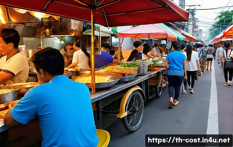 외식 비용 절약법 - A vibrant Thai local street food market scene during the afternoon off-peak hours, showcasing variou...