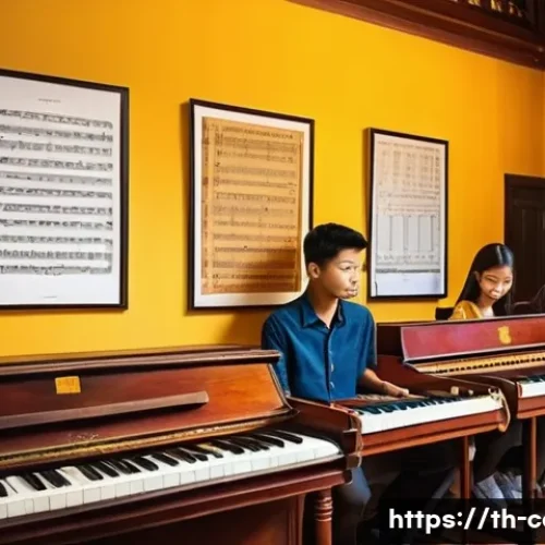 음악 학원비 - A cozy music school classroom in Bangkok, Thailand, showing a diverse group of young adult students ...