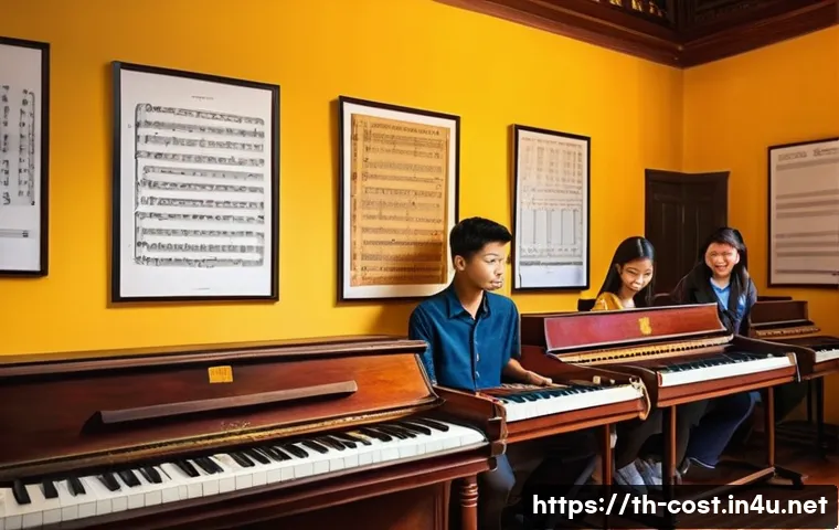 음악 학원비 - A cozy music school classroom in Bangkok, Thailand, showing a diverse group of young adult students ...