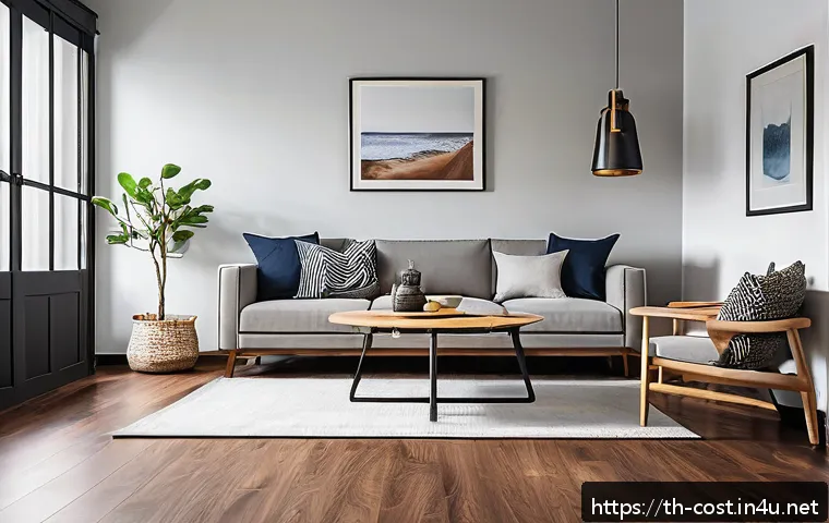 집 인테리어 비용 - A modern Thai living room featuring high-quality wood-plastic composite flooring that closely resemb...