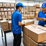 택배 배송비 - A busy Thai parcel delivery center featuring diverse workers handling packages of various sizes, wit...