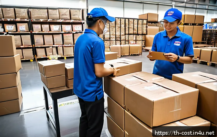 택배 배송비 - A busy Thai parcel delivery center featuring diverse workers handling packages of various sizes, wit...