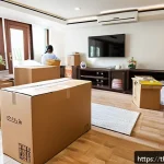 이사 비용 - A detailed scene of a Thai family preparing for moving day inside a modern Bangkok apartment, with c...