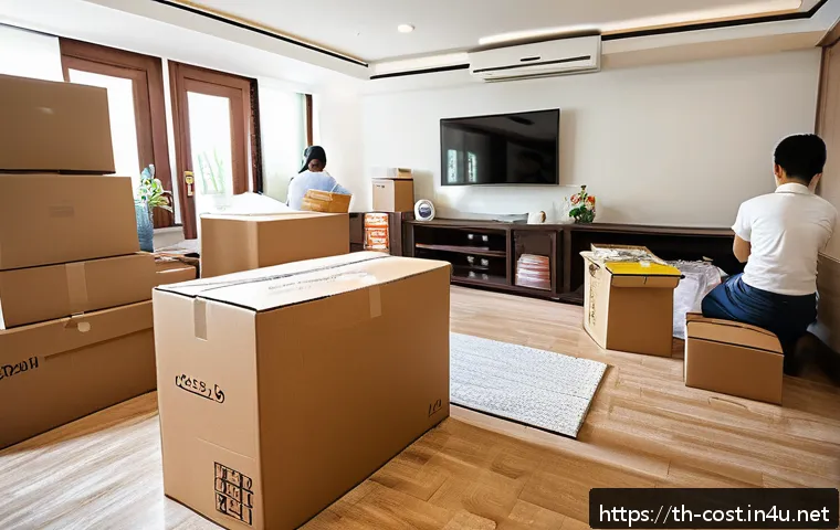 이사 비용 - A detailed scene of a Thai family preparing for moving day inside a modern Bangkok apartment, with c...