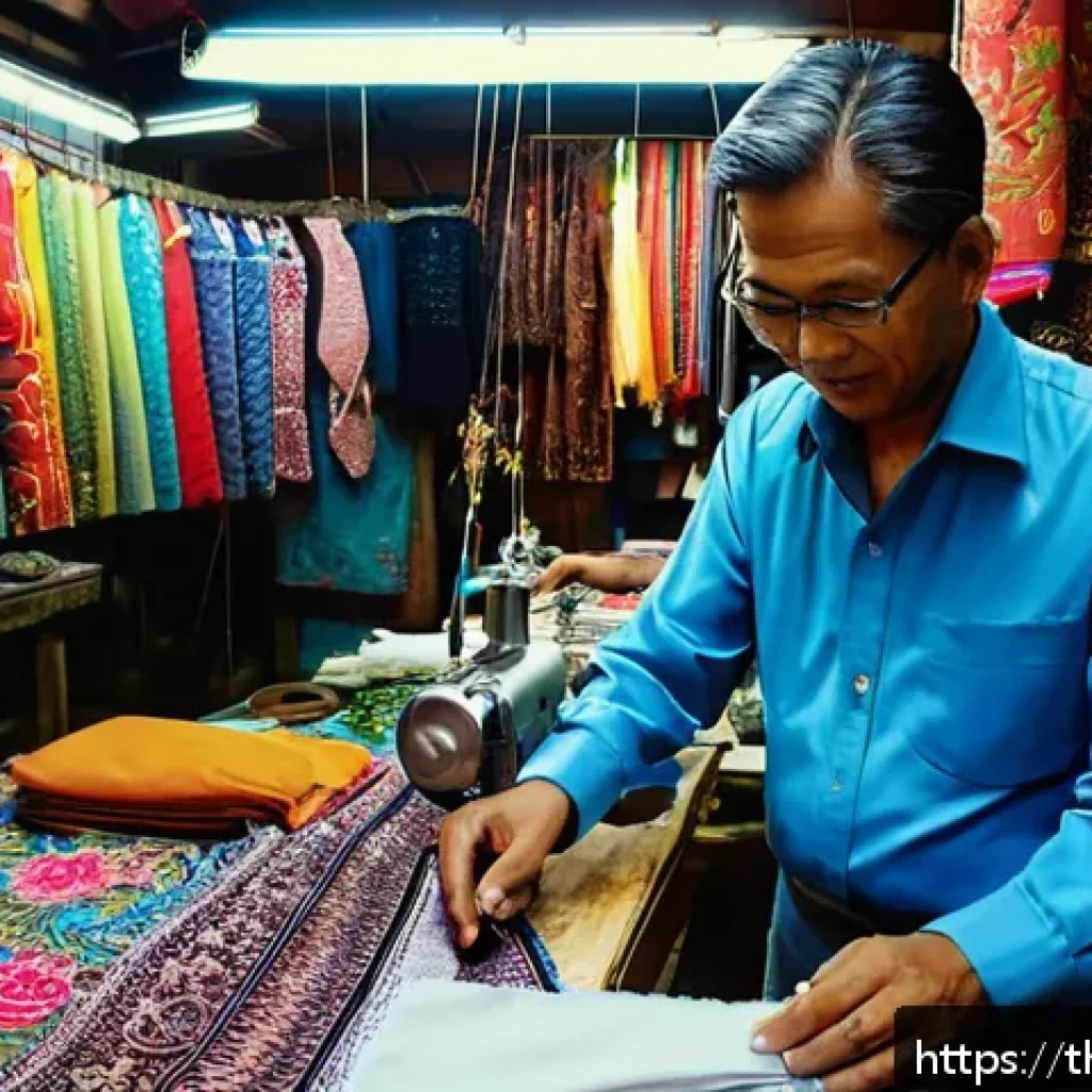 의류 수선비용 - A vibrant street scene in a bustling Bangkok market district featuring a skilled tailor shop special...