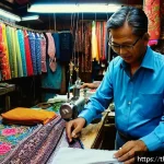 의류 수선비용 - A vibrant street scene in a bustling Bangkok market district featuring a skilled tailor shop special...