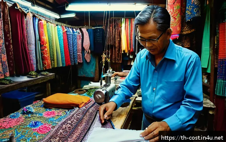 의류 수선비용 - A vibrant street scene in a bustling Bangkok market district featuring a skilled tailor shop special...