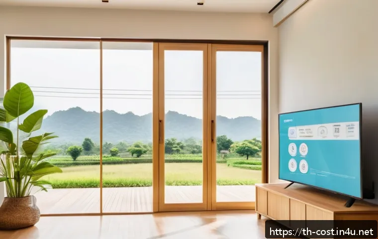 집 공과금 평균 - A modern Thai household interior during daytime, featuring large open windows letting in abundant na...