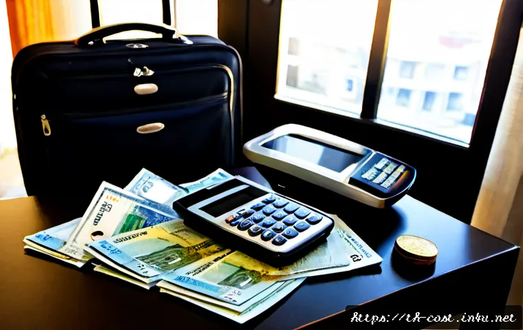 Home 17 호텔 숙박비 - Photorealistic Thai traveler seated at a clean hotel room desk, comparing accommodation expenses usi...