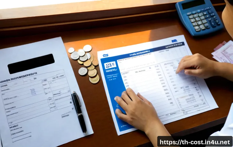 Home 17 사업자 등록비용 - Photorealistic overhead view of a Thai small business owner at a tidy wooden desk, carefully compari...