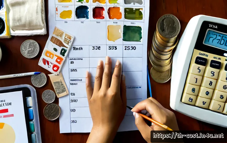Home 17 취미 활동 비용 - Photorealistic overhead view of a Thai woman’s hands planning hobby expenses at a tidy home desk in ...