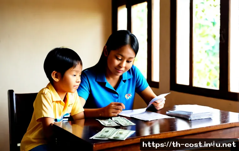 Home 17 아이 학교 학원비 - Photorealistic Thai family budgeting for a child’s school and tutoring expenses, mother and father s...